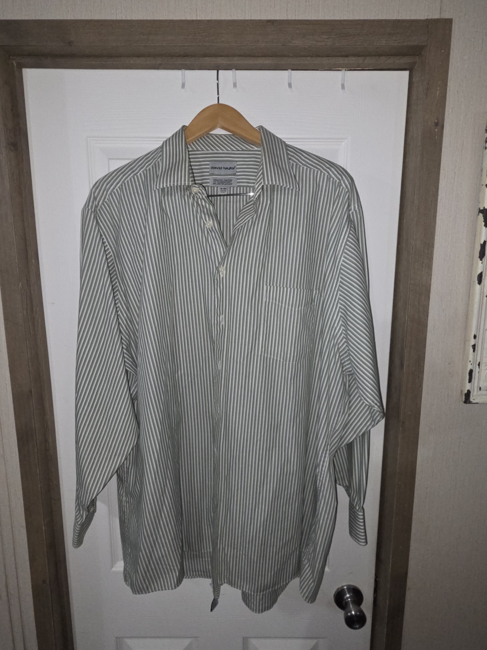 David Taylor Men's Green and White Striped Dress Shirt
